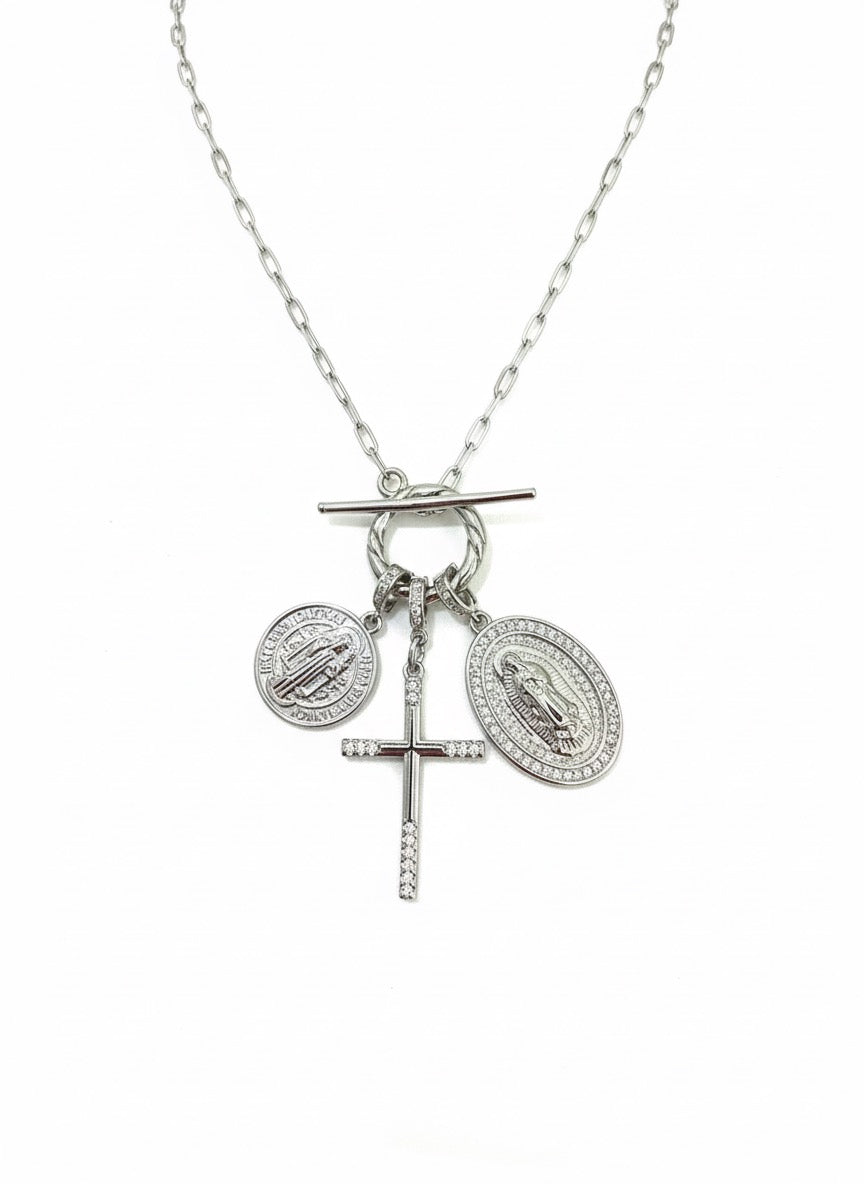 2 Way Cross Convertible Necklace 3 charms - Silver