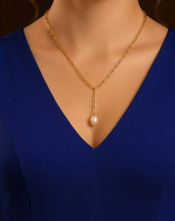 Devi Pearl Paper Clip Y Necklace Gold and Silver