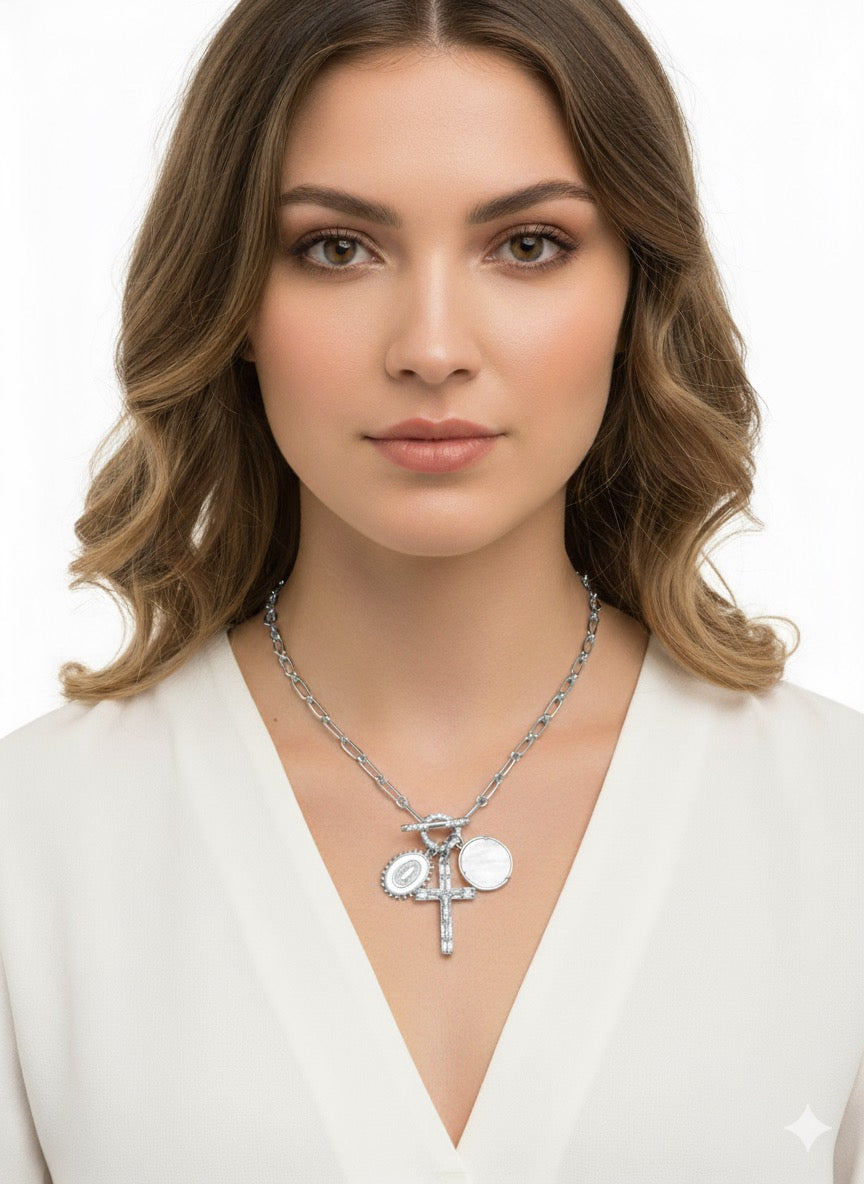 2 Way Cross Convertible Necklace 3 charms - Silver
