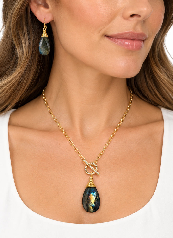 2 pc set Annie Labradorite Paperclip CZ Necklace & Bracelet-Gold-By Christy Jean