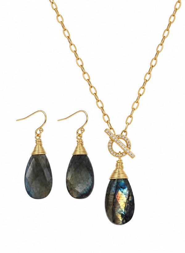Christy Jean Labradorite and CZ paperclip necklace and earrings set