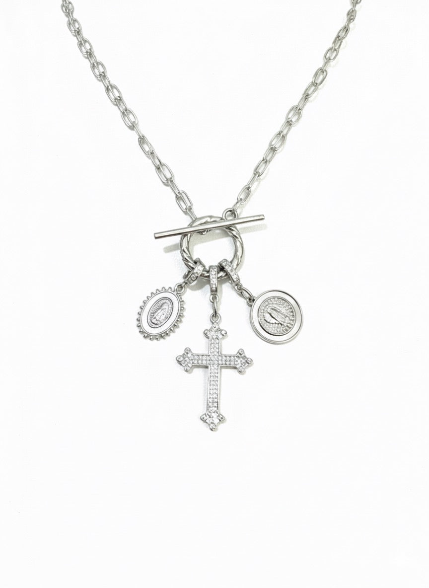 2 Way Cross Convertible Necklace 3 charms - Silver
