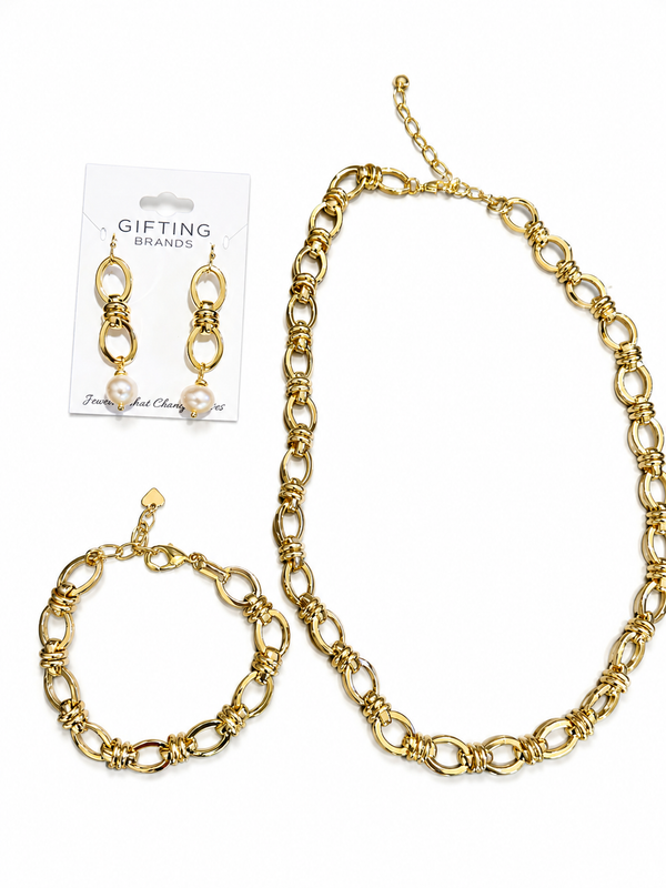 Christy Jean Pearl chain necklace, bracelet and earrings set