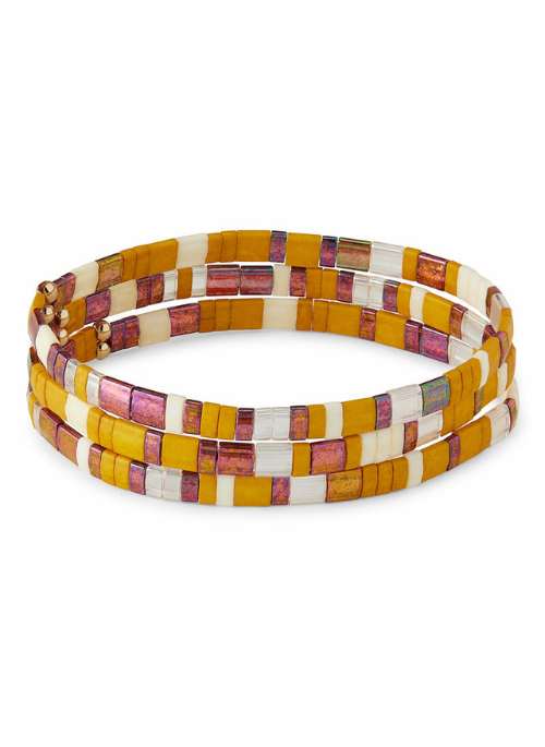 WILDE San Juan Bracelets – a set of three elastic stretch tile bracelets in vibrant purple, gold, and ivory tones. Each bracelet measures 4.5” in length, offering an adjustable fit for a stylish and comfortable wear.
