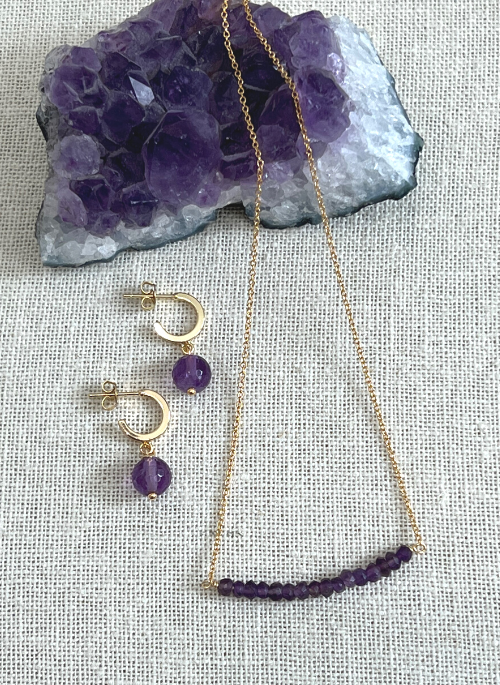 Amethyst Bead Necklace Gold - February Birthstone - Gifting Brands