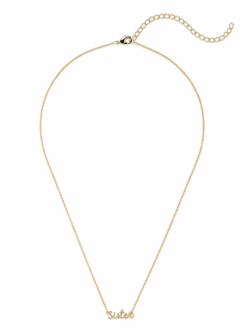 "Sophie Harper 'Sister' Pendant Necklace – a high-polish gold-plated brass necklace featuring a simple and elegant charm. Measures 16” with a 3” extender for an adjustable fit. A timeless and meaningful jewelry piece.